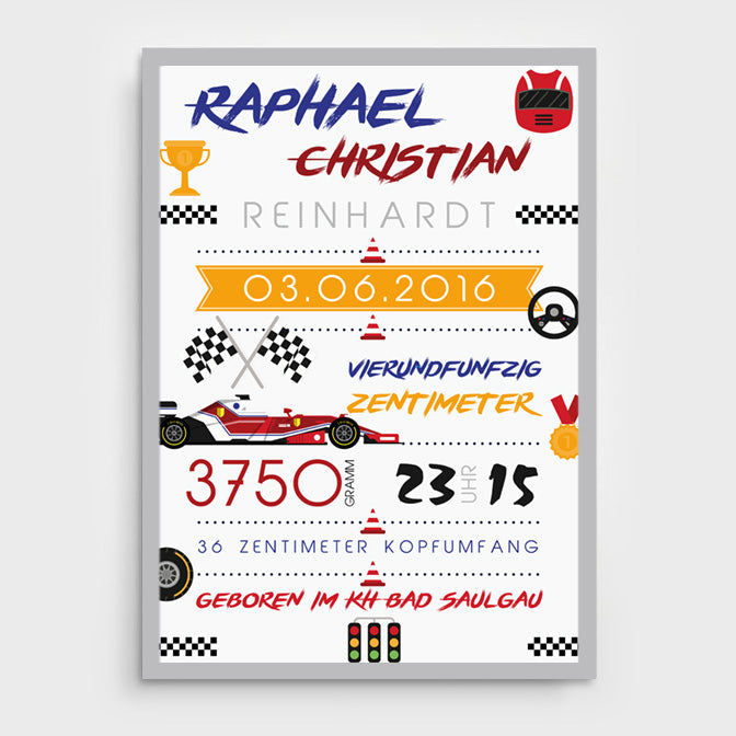 Stekora Design - Babydaten Poster Motiv Rennwagen