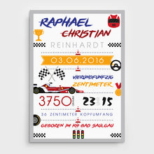 Laden Sie das Bild in den Galerie-Viewer, Stekora Design - Babydaten Poster Motiv Rennwagen