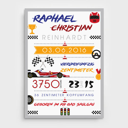 Stekora Design - Babydaten Poster Motiv Rennwagen