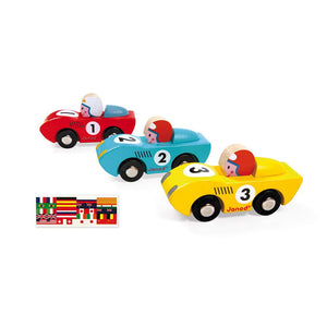 Janod Holz Grand Prix Autorennen Spielset mit Puzzle Rennstrecke und 3 Autos J08554