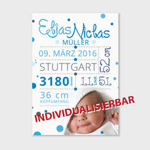 Laden Sie das Bild in den Galerie-Viewer, Stekora Design - Babydaten Poster Motiv Foto blau