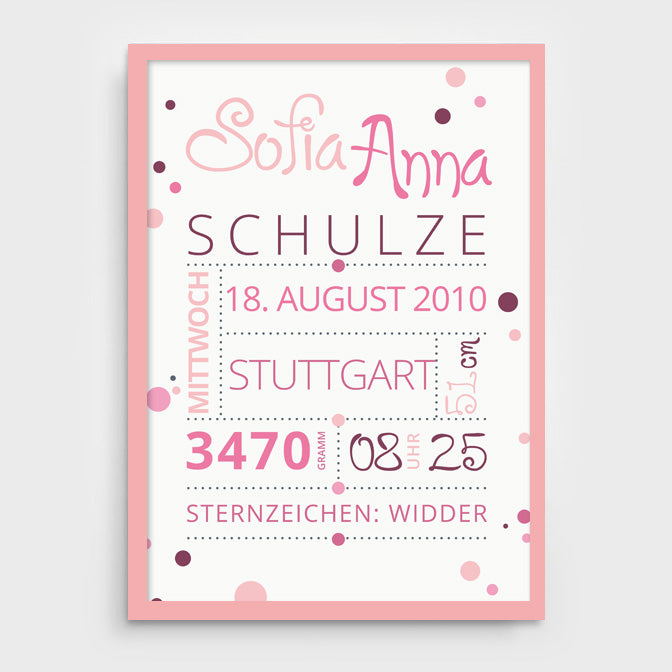 Stekora Design - Babydaten Poster Motiv Punkte rosa