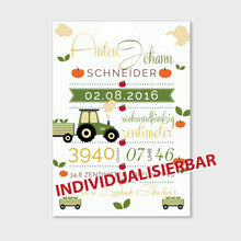 Laden Sie das Bild in den Galerie-Viewer, Stekora Design - Babydaten Poster Motiv Traktor